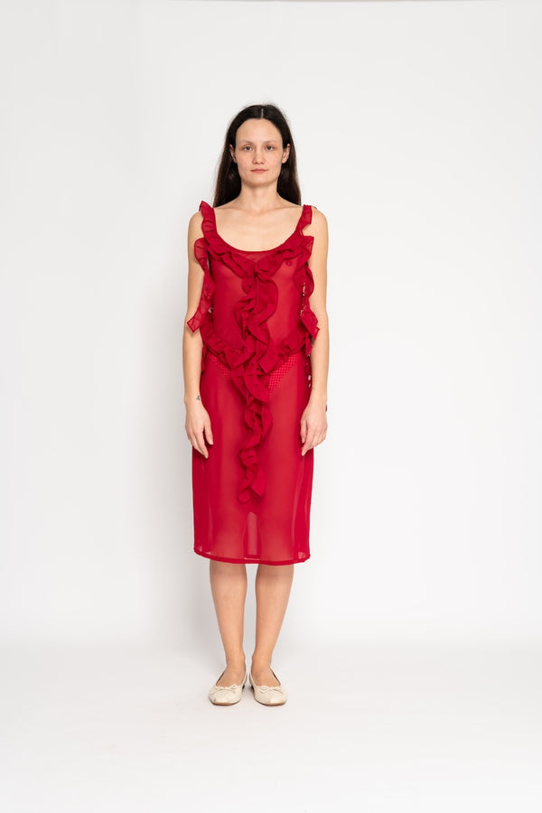 Sheer Ruffle Slip Dress - Red