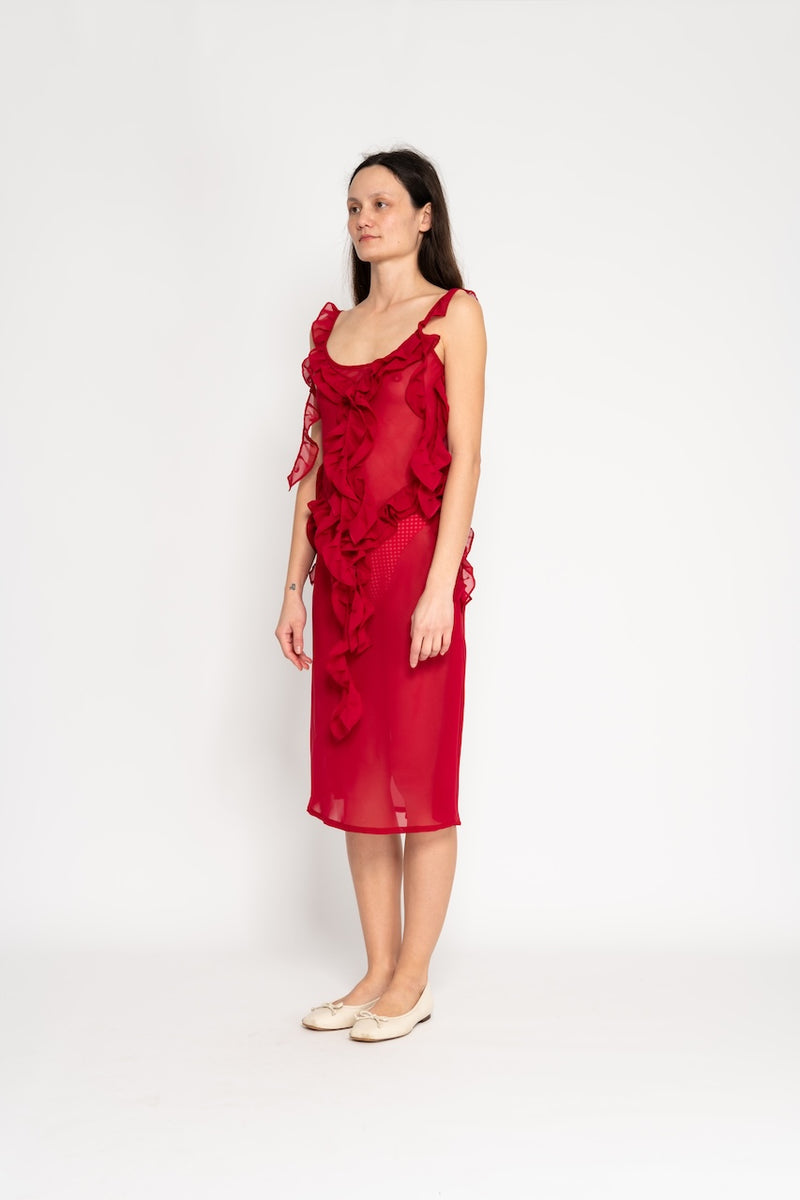 Sheer Ruffle Slip Dress - Red