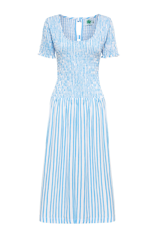 Sea Stripe Shirred Midi Dress - Blue/White