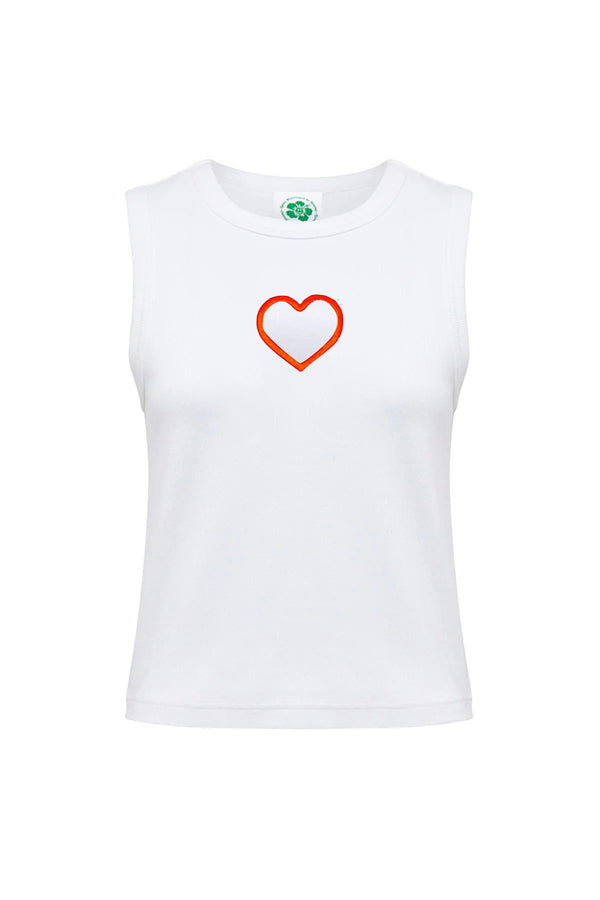 White ribbed tank top with a heart shape cut-out at the front.