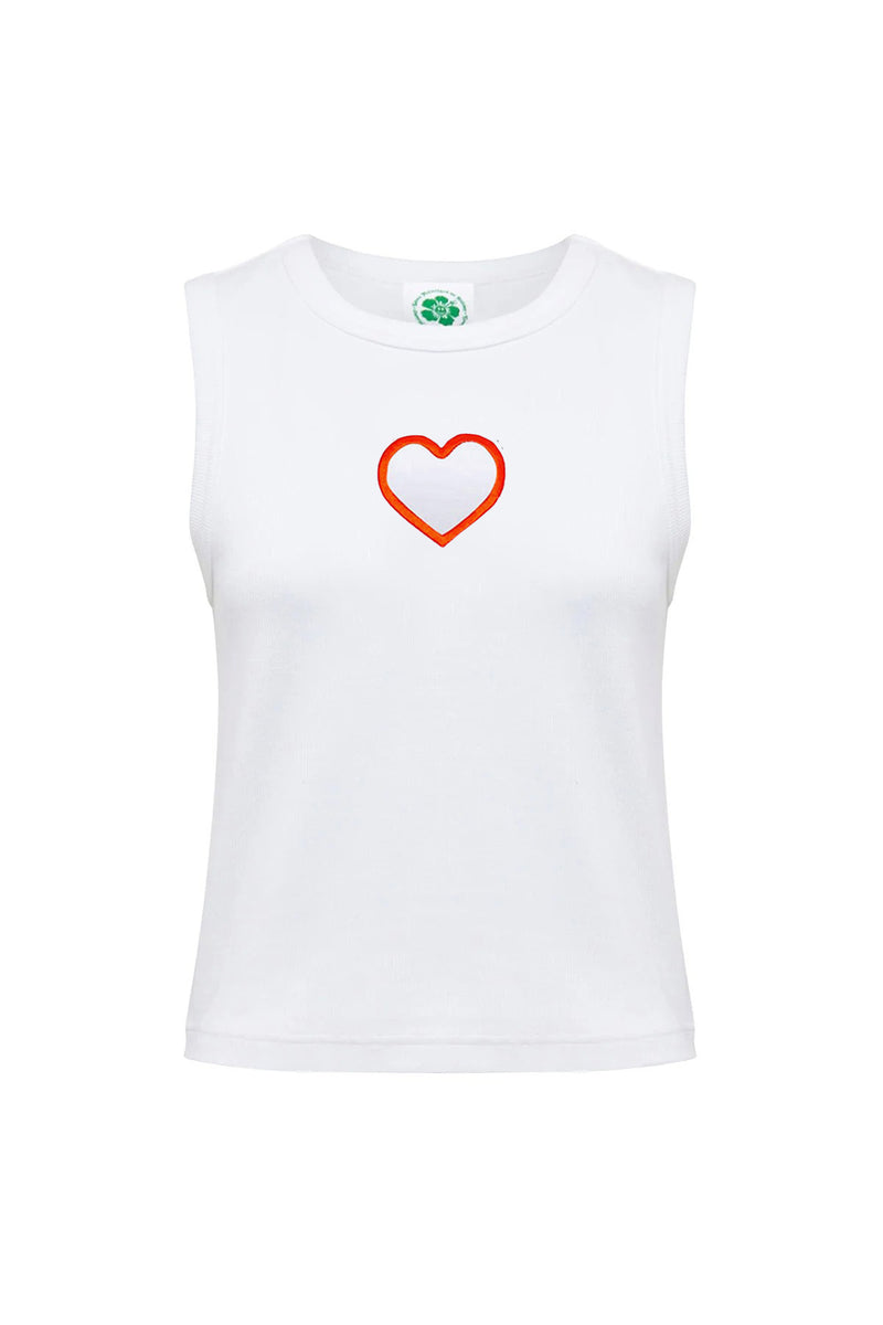 White ribbed tank top with a heart shape cut-out at the front.