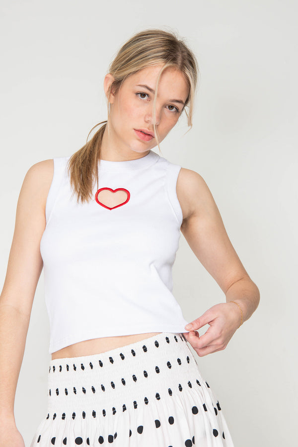 Ribbed Heart Tank Top - White