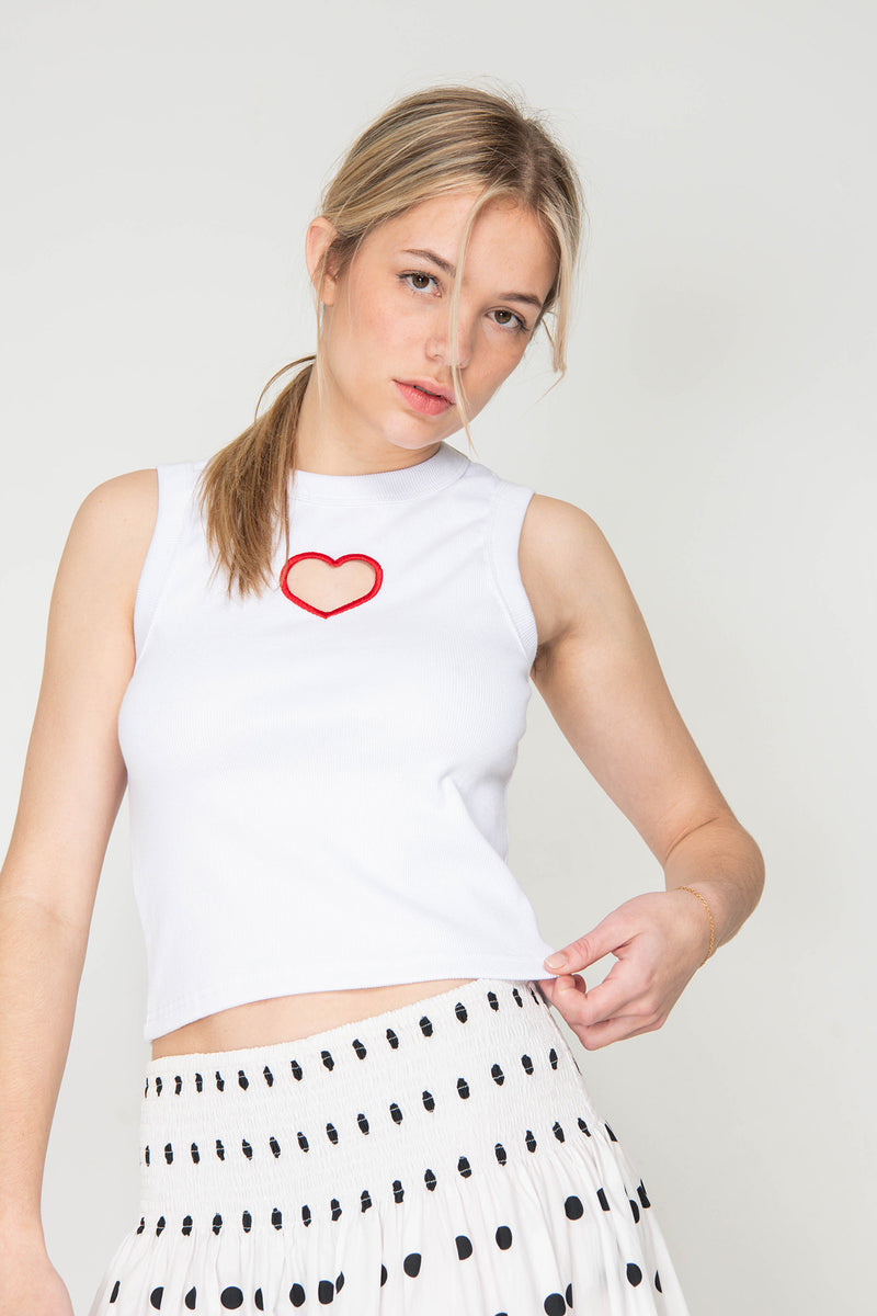 Ribbed Heart Tank Top - White