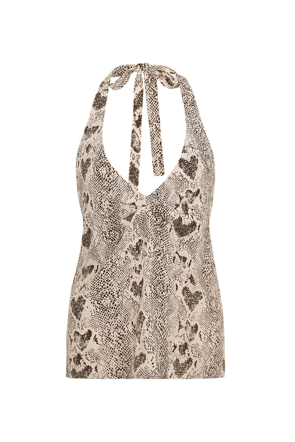 Snake print halter top on a white background