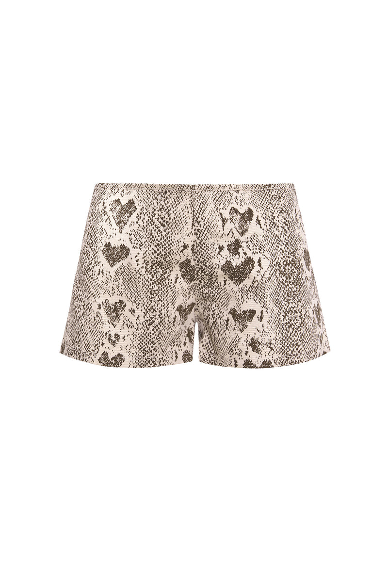 Shorts with a heart snake pattern on a white background