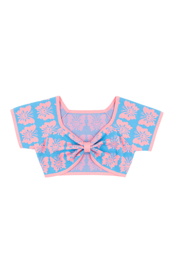 Blue and pink floral crop top on a white background