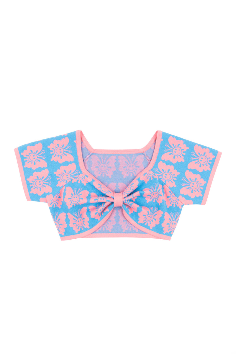 Blue and pink floral crop top on a white background