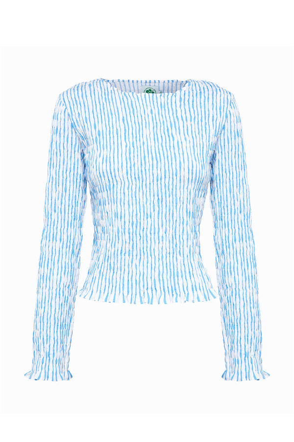 Sea Stripe Shirred L/S Blouse - Blue/White