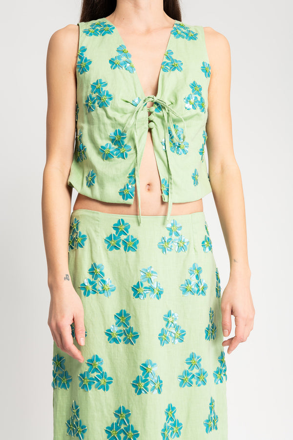 Sequinned V Neck Top - Sea Foam