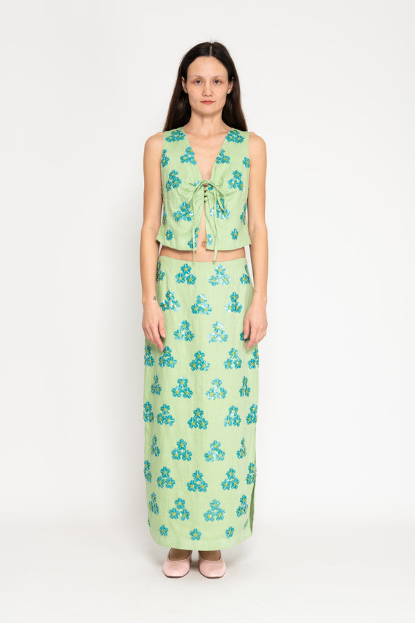 Sequinned V Neck Top - Sea Foam