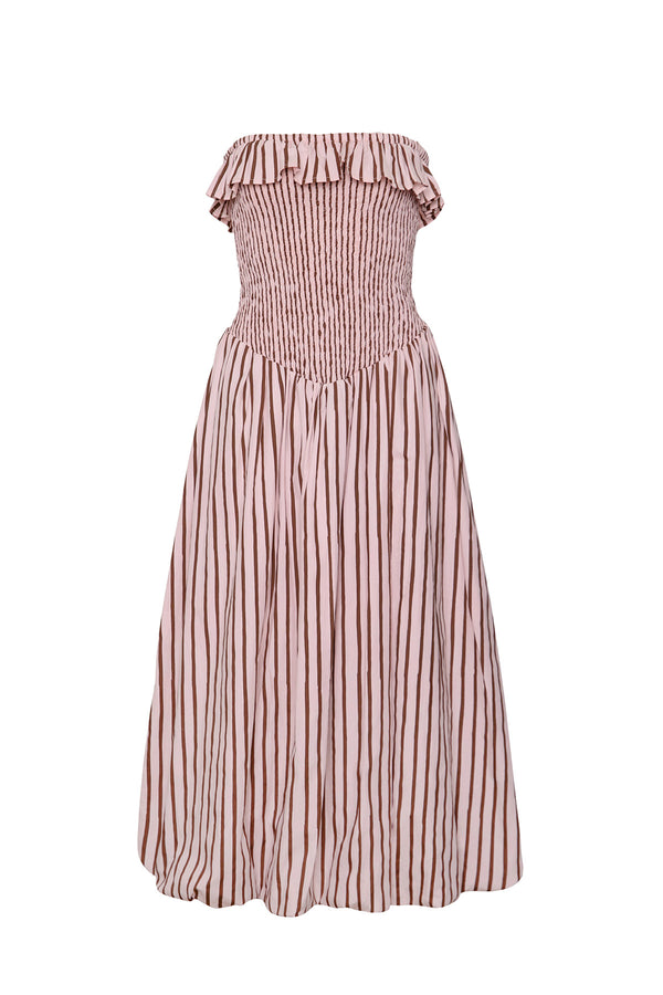 Thin Stripe Ruched Strapless Bubble Dress - Pink/Brown