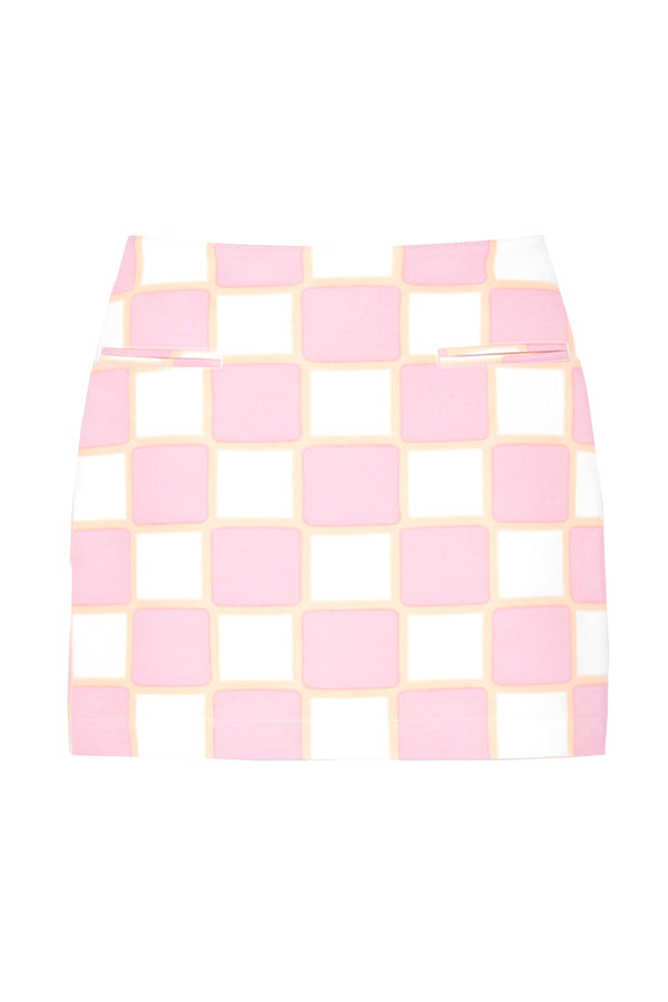 Checkered skirt with pink and white squares on a white background