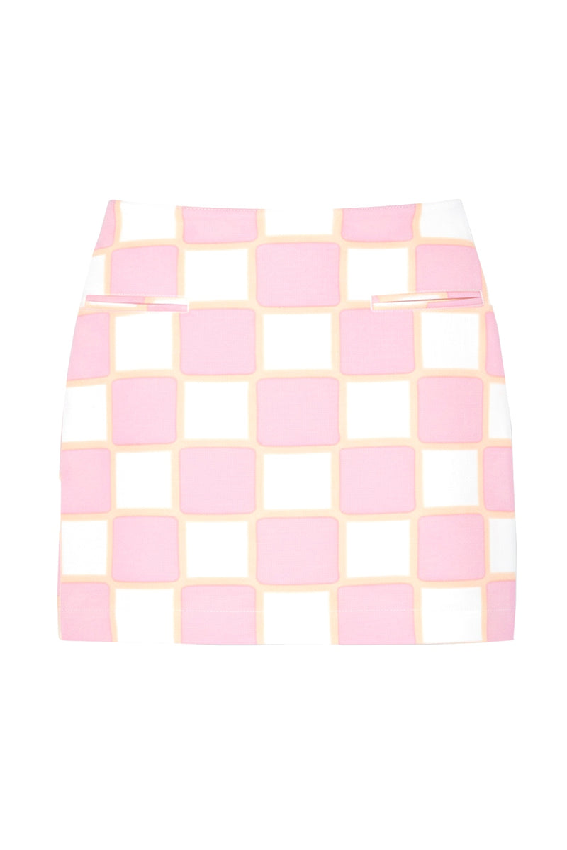 Checkered skirt with pink and white squares on a white background