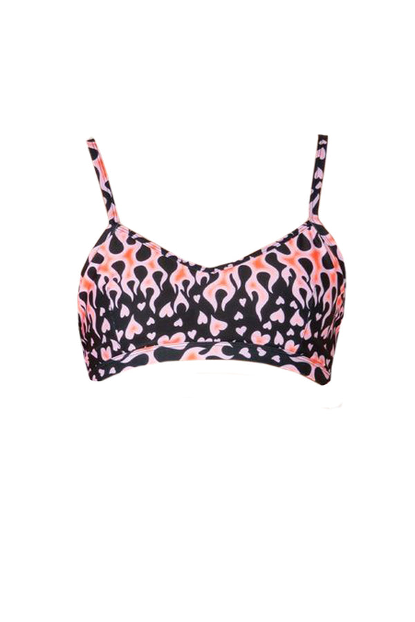 Black and pink patterned bikini top on a white background