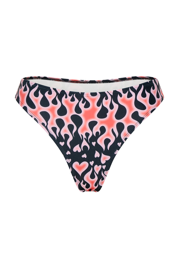 Bikini bottom with pink flame pattern on a white background