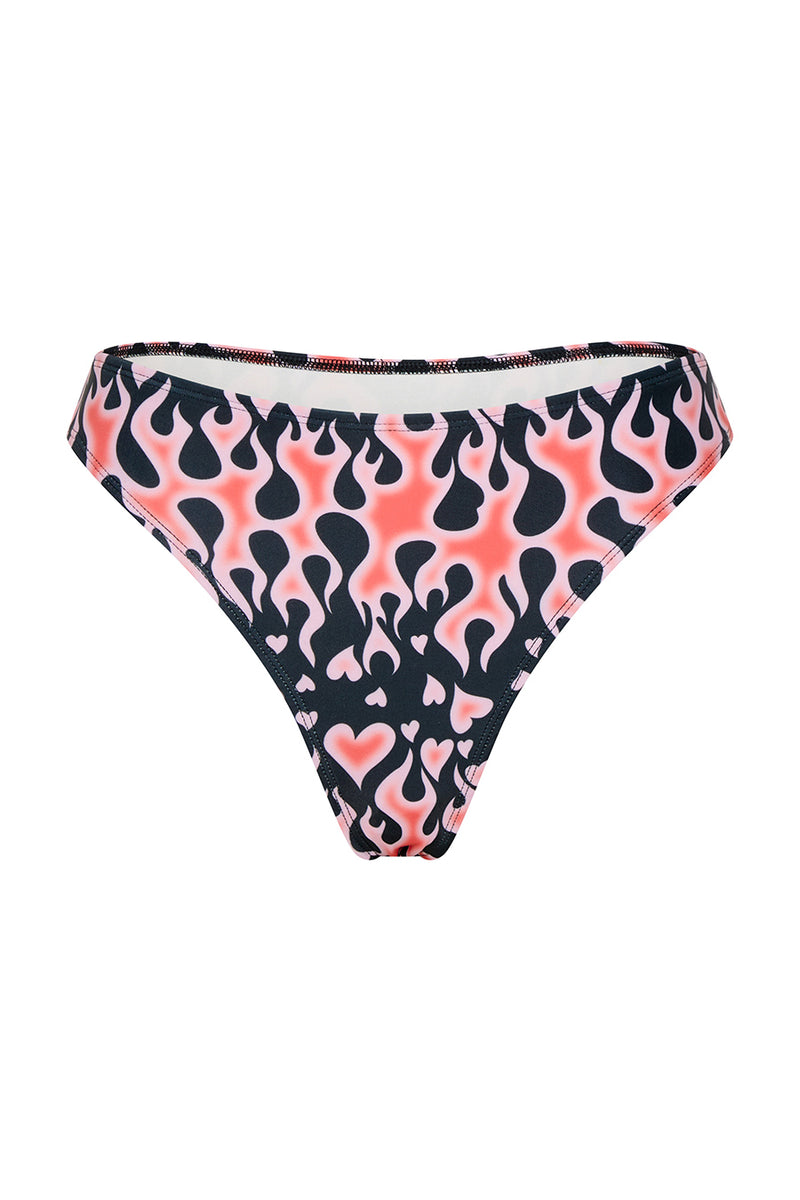 Bikini bottom with pink flame pattern on a white background