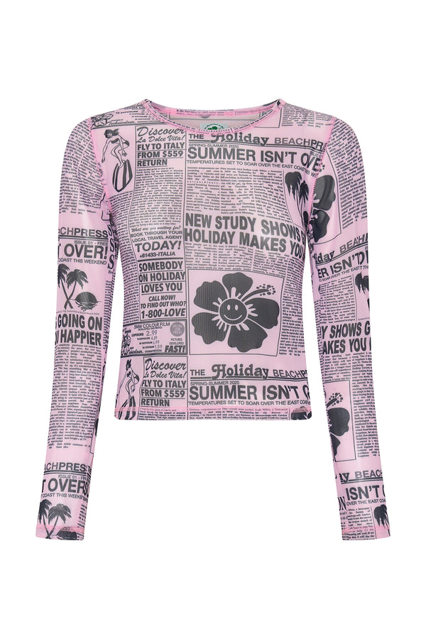 报刊风格的长袖上衣，带有黑色花朵图案和文字，背景为白色