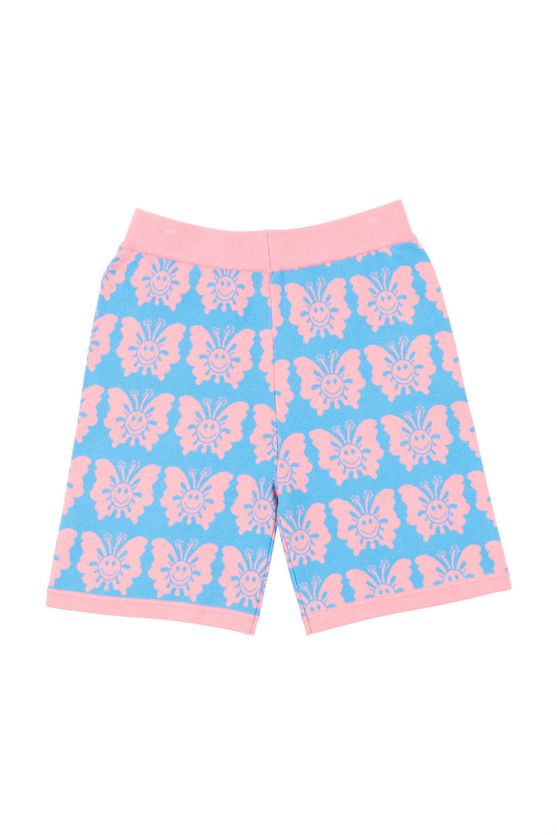 Shorts with pink butterfly pattern on a blue background
