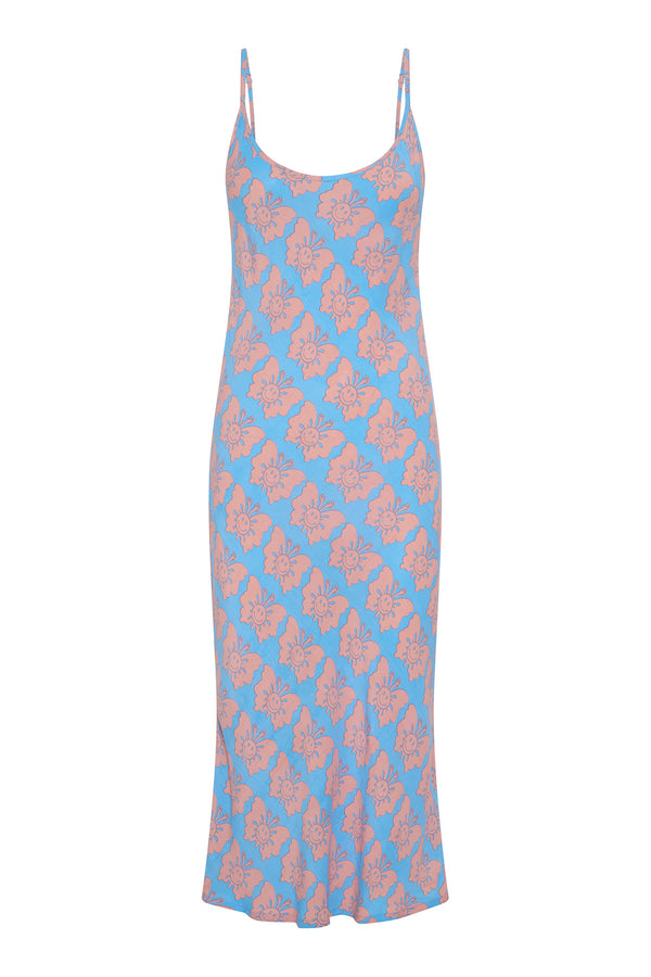 Blue and pink patterned slip dress on a white background