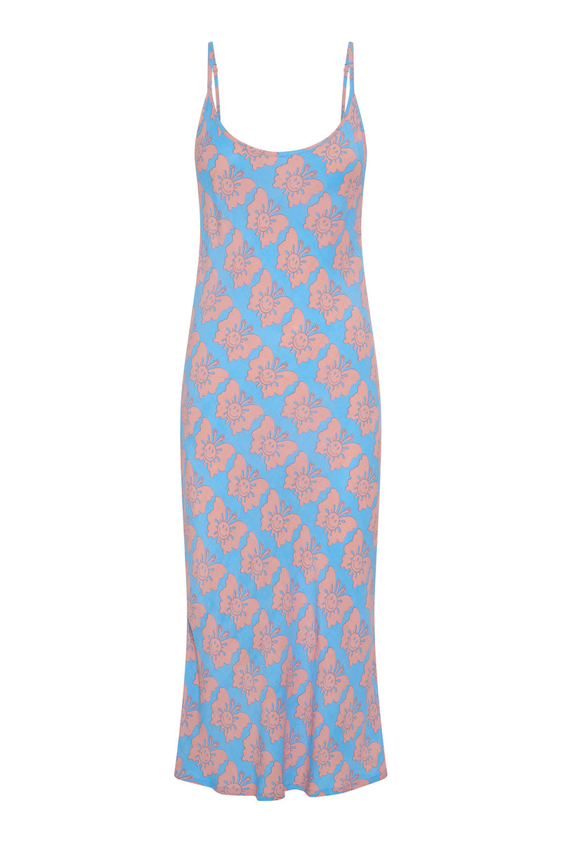 Blue and pink patterned slip dress on a white background
