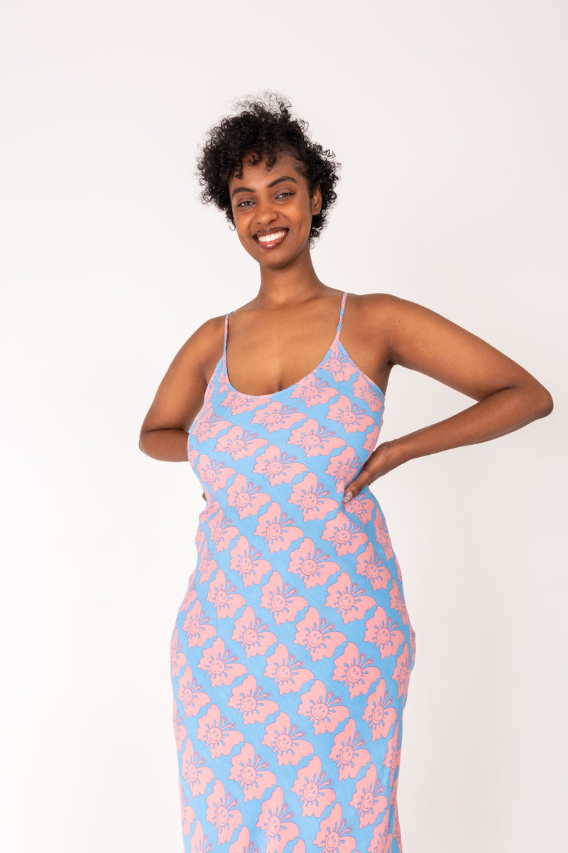 Happy Butterfly Slip Dress - Blue/Pink