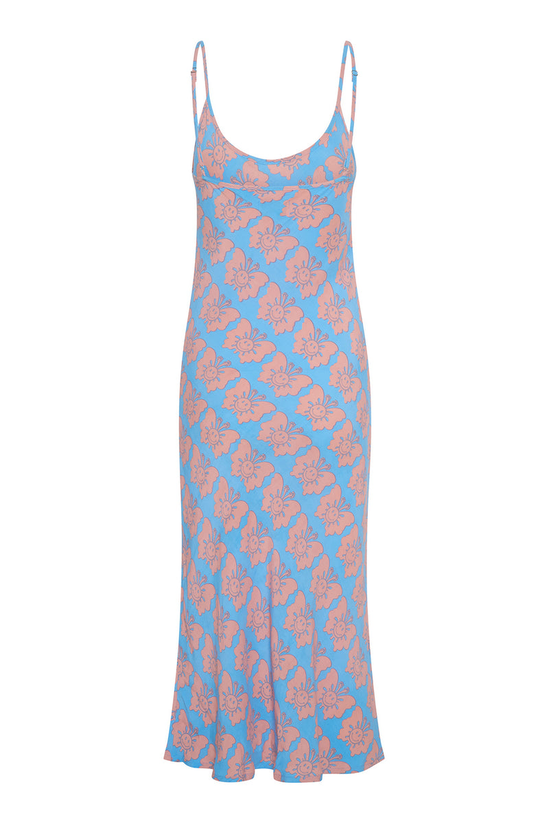 Blue and pink patterned slip dress on a white background
