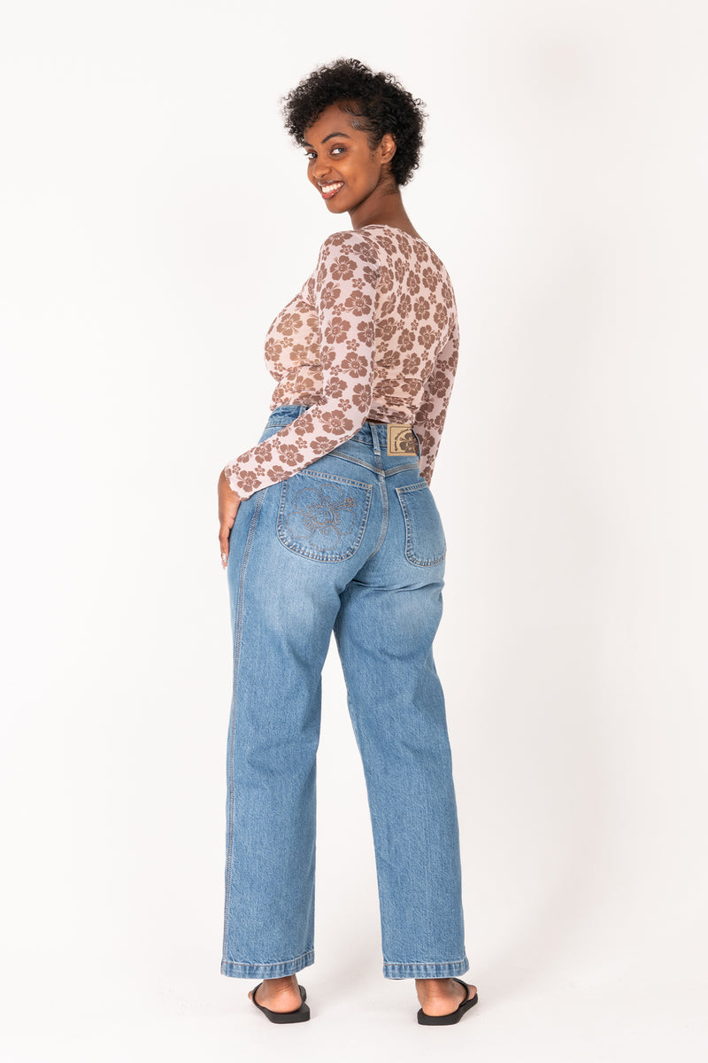 Happy Hibiscus Mesh Crop Top L/S - Sand/Brown