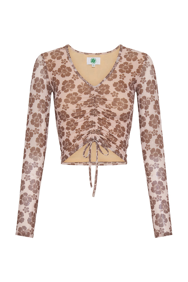 Floral patterned long-sleeve top on a white background