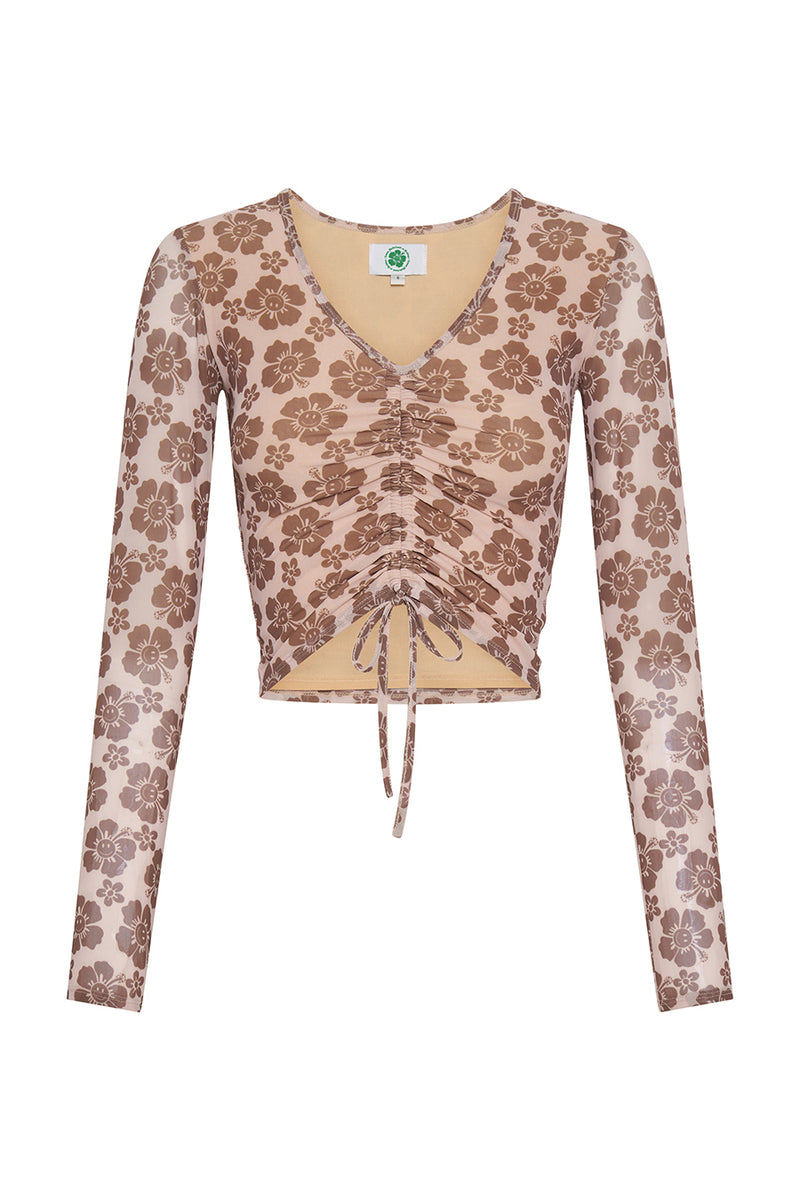 Floral patterned long-sleeve top on a white background