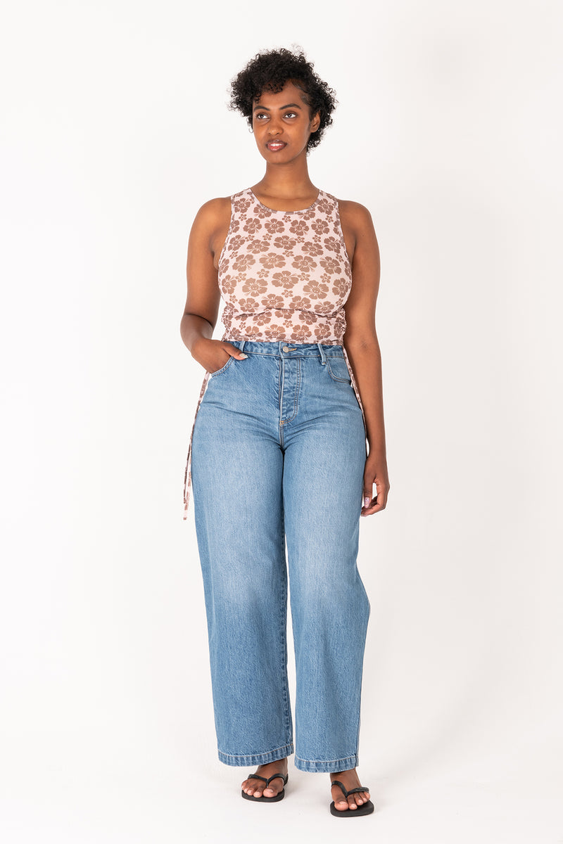 Happy Hibiscus Mesh Tank Top - Sand/Brown