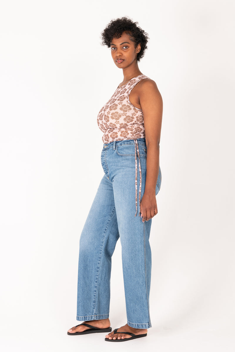 Happy Hibiscus Mesh Tank Top - Sand/Brown