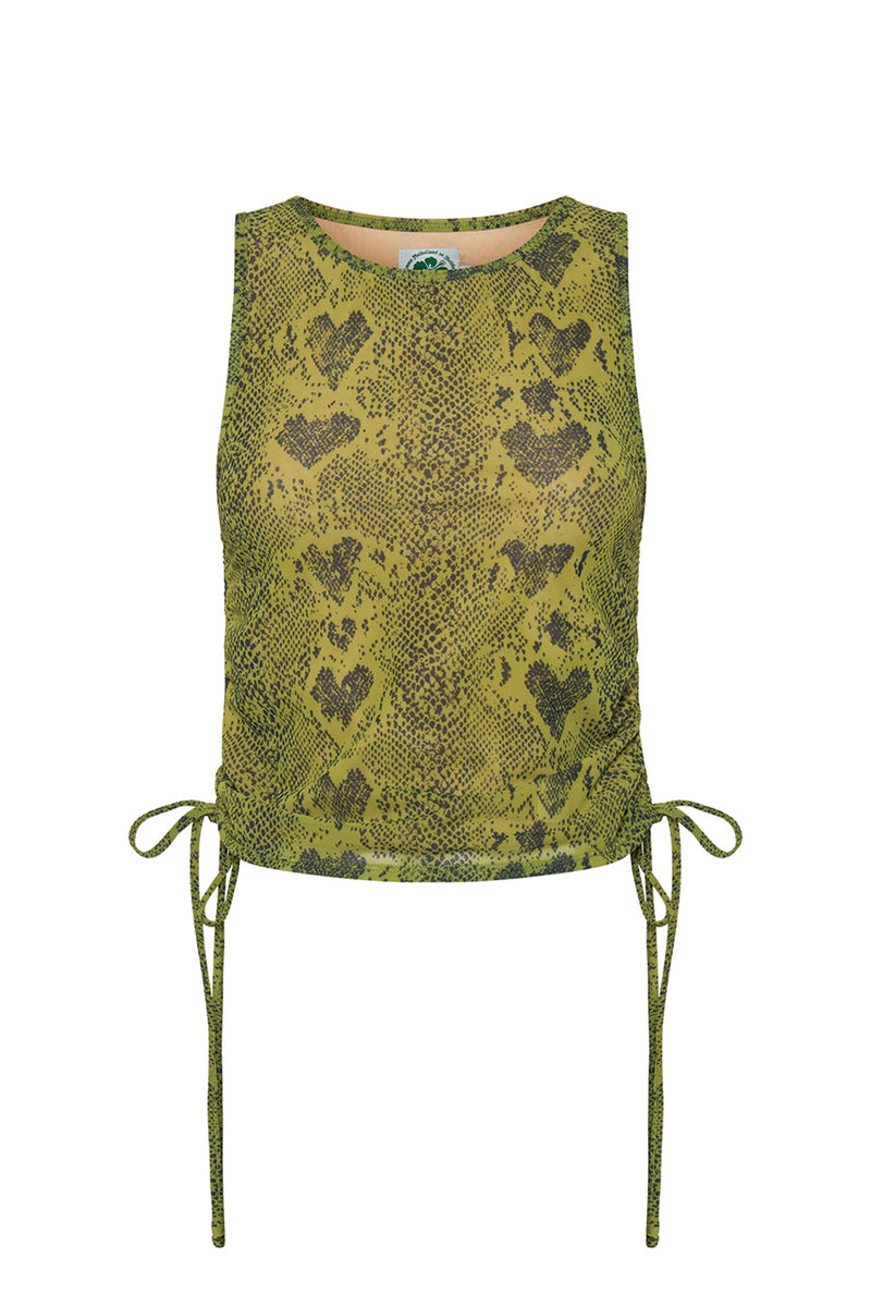 Green patterned tank top with drawstrings on a white background