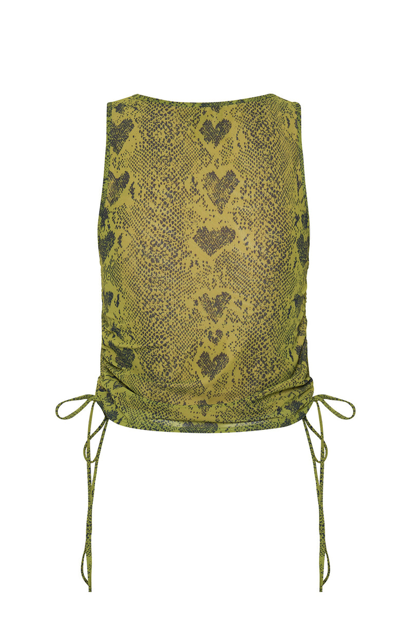 Green snake print top with heart patterns on a white background