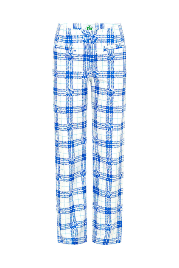 Hibiscus Plaid Linen Pants - Blue/White