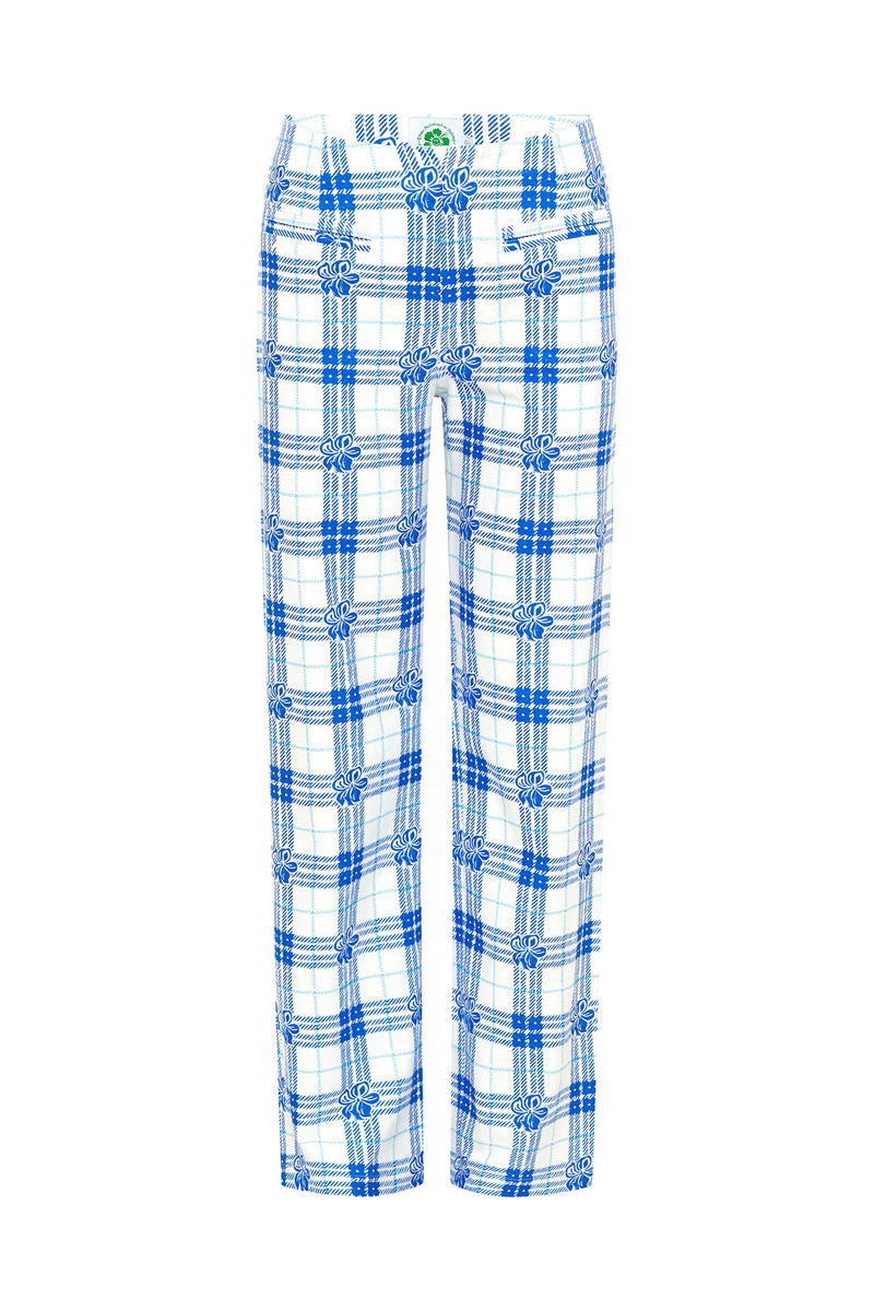Hibiscus Plaid Linen Pants - Blue/White
