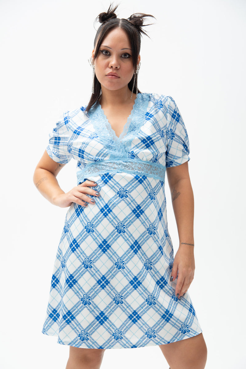 Hibiscus Plaid Mini Dress - Blue/White Emma Mulholland on Holiday Hibiscus Plaid Mini Dress - Blue/White Emma Mulholland on Holiday