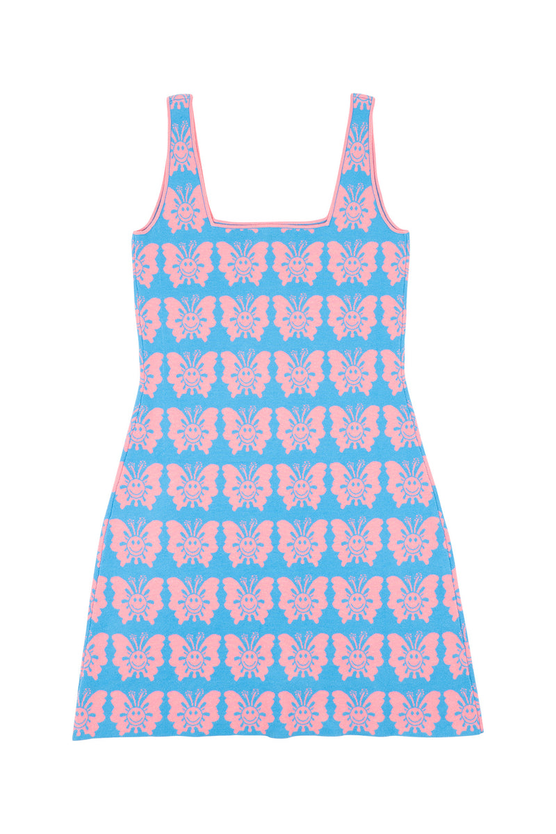Blue dress with pink butterfly pattern on a white background