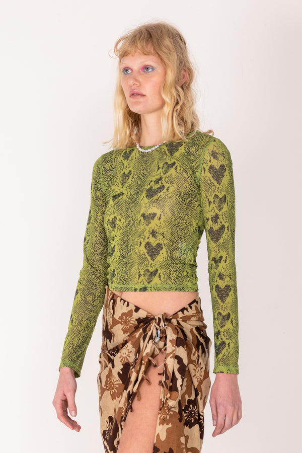Heart Snake Mesh L/S Crop Top - Olive