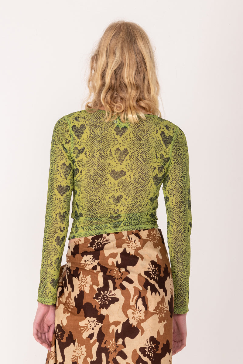 Heart Snake Mesh L/S Crop Top - Olive
