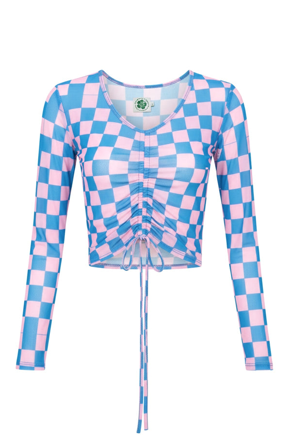 Checkered long-sleeve top with a tie front on a white background