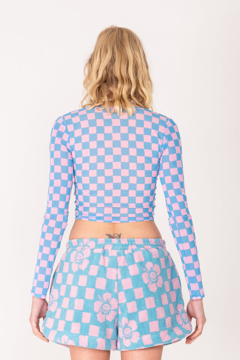 Check Mesh L/S Crop Top - Blue/Pink