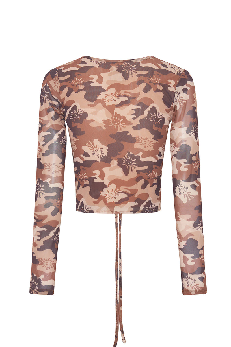 Butterfly Camo Mesh L/S Crop Top - Brown