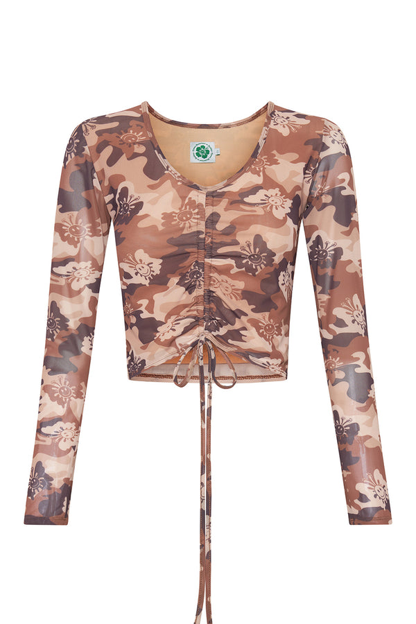 Butterfly Camo Mesh L/S Crop Top - Brown