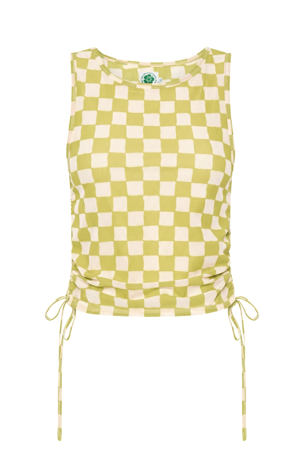 Green and white checkered tank top with drawstring details on a white background