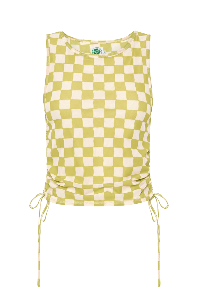 Green and white checkered tank top with drawstring details on a white background