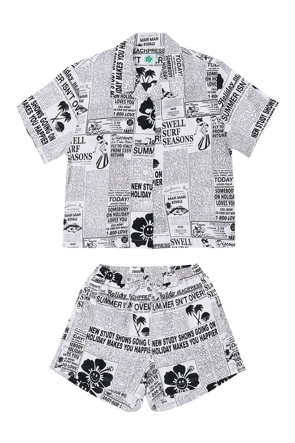 Hawaiian shirt and shorts set with black and white pattern on a white background
