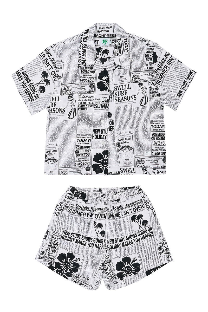 Hawaiian shirt and shorts set with black and white pattern on a white background