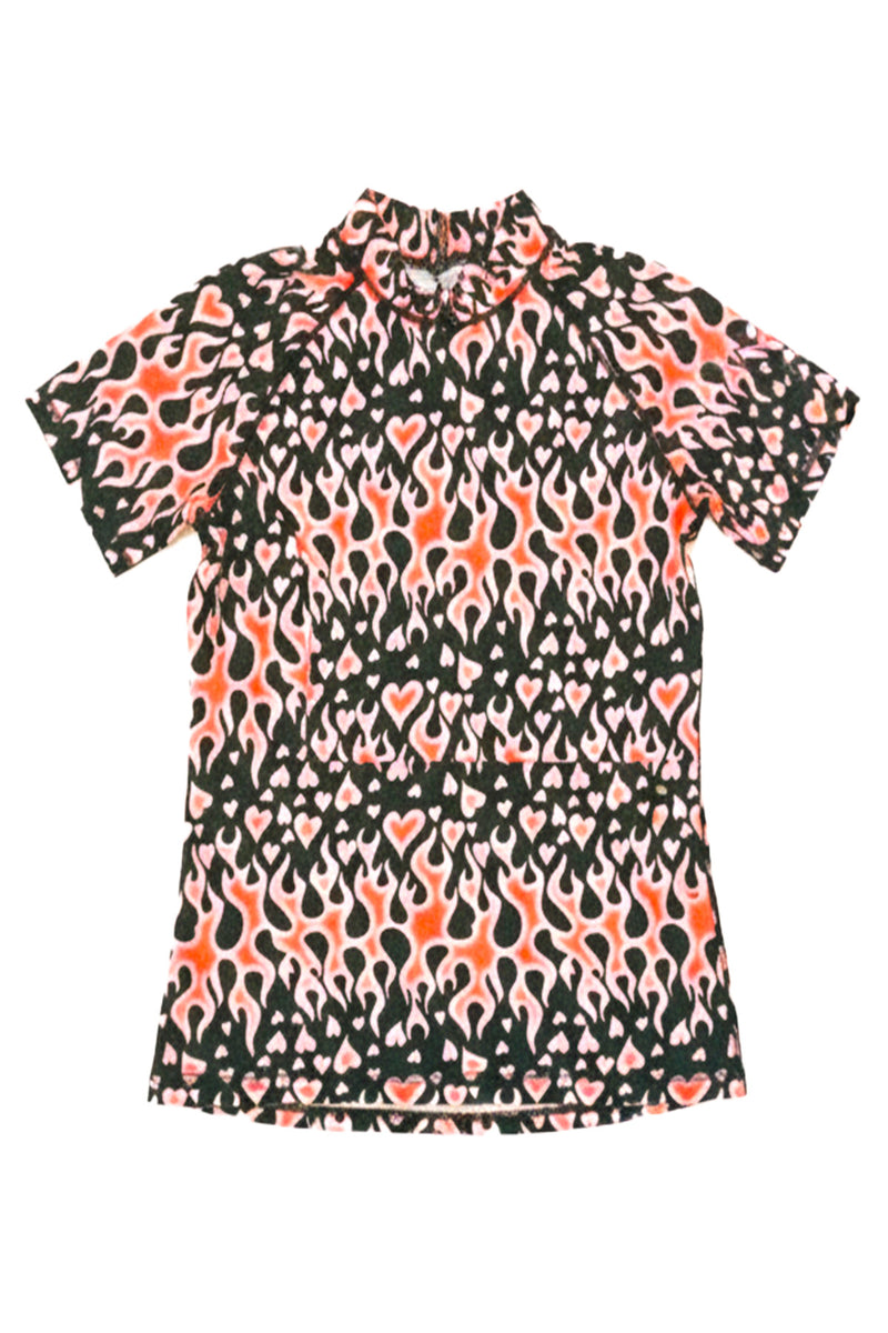 Short-sleeve dress with a colorful abstract pattern on a white background