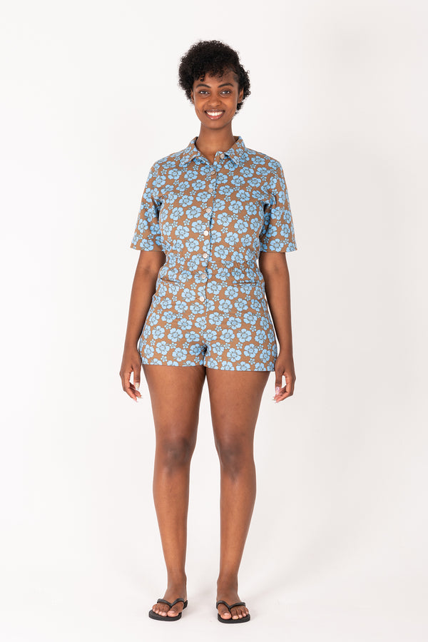 Happy Hibiscus Boiler Suit Short - Blue/Brown