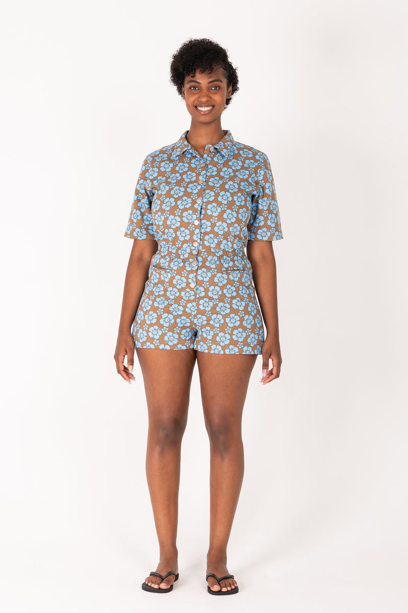 Happy Hibiscus Boiler Suit Short - Blue/Brown